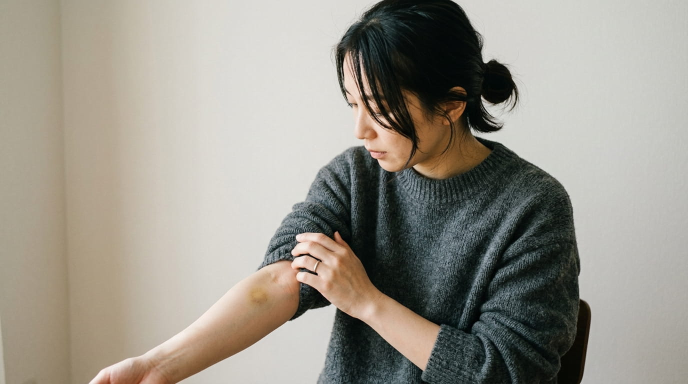 腕の内側にできた小さなあざを見つめる30代の日本人女性