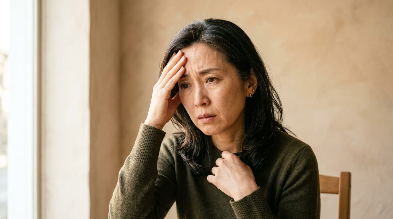 額に手を当てて不安そうな表情を浮かべる40代の日本人女性