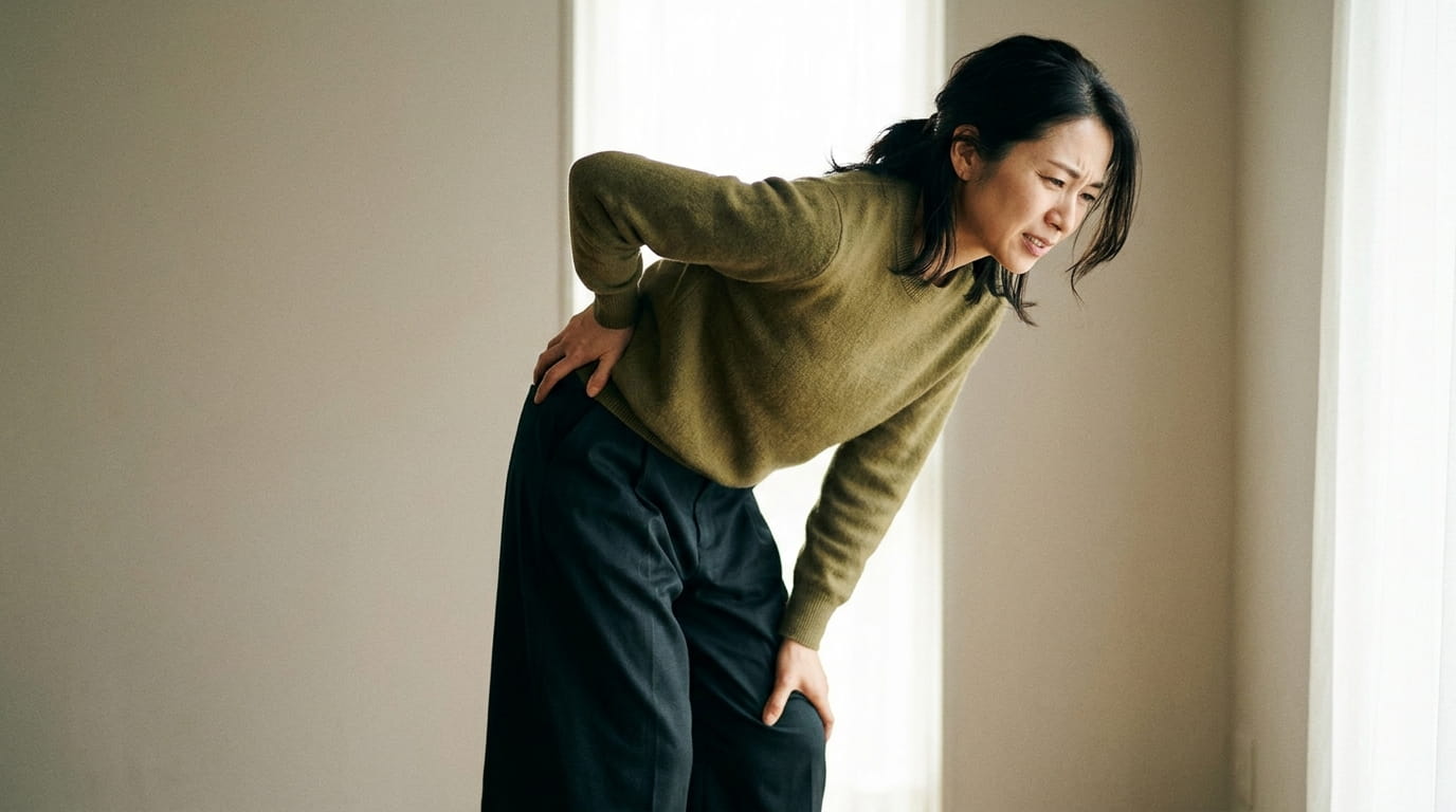 前かがみになり体の硬さを感じている30代の日本人女性