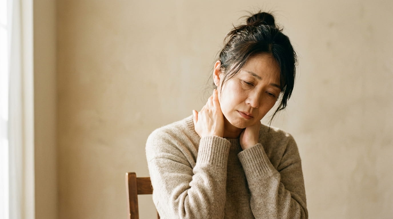 寝起きに首のこわばりを感じ、眠そうな表情で首元をさする40代の女性