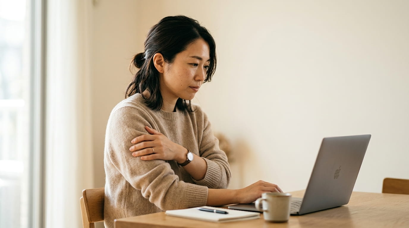 ノートパソコンを使いながら二の腕をさする30代の日本人女性