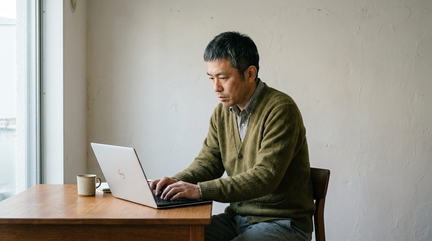 ノートパソコンに向かい、体がこわばって寒そうにしている40代男性