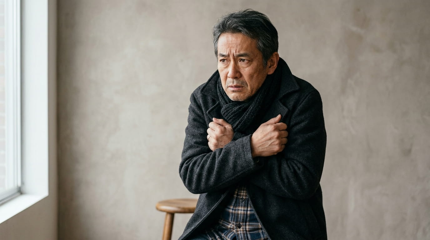 寒さで肩をすくめてこわばった様子の50代男性