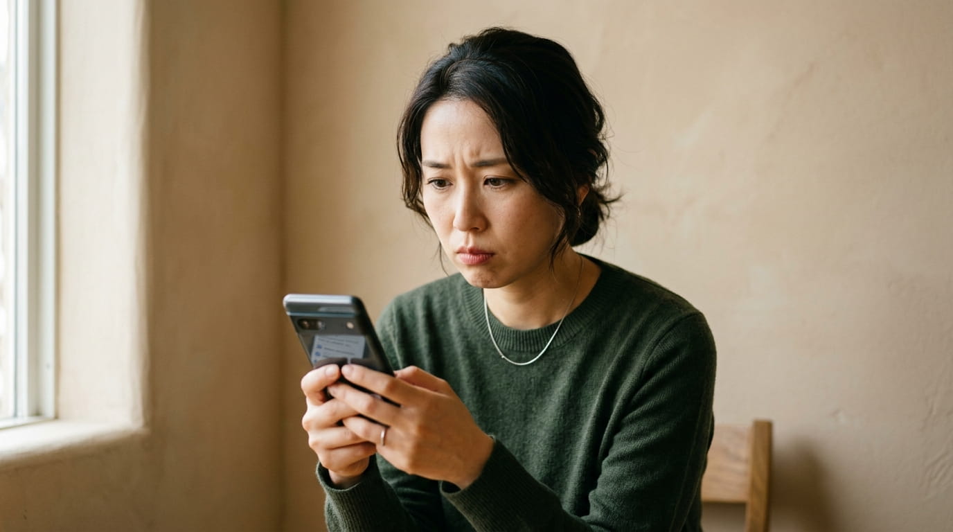 スマートフォンで症状を調べながら不安そうな表情を浮かべる30代女性
