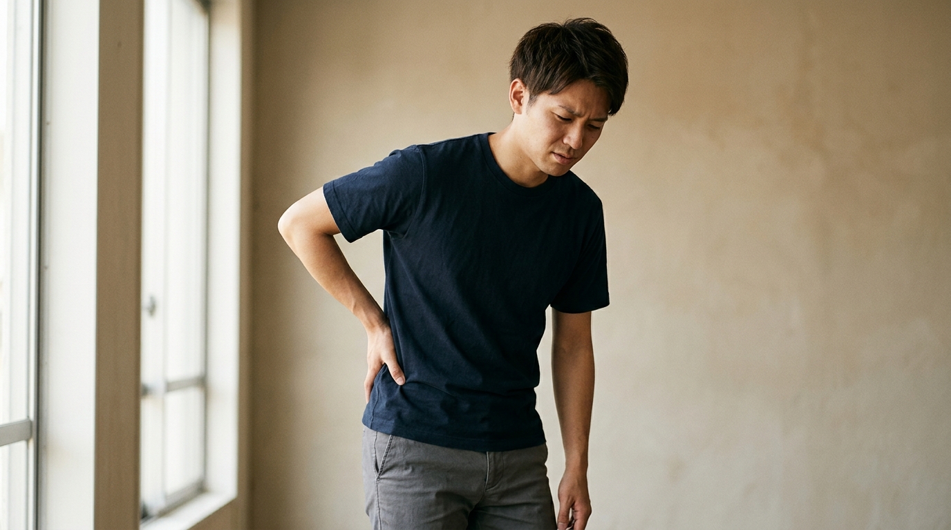 腰に手を当てて痛みをこらえる20代男性の様子