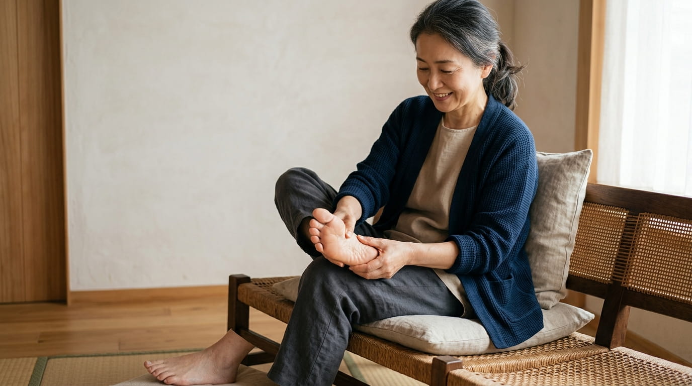 座って足の裏をやさしくもみほぐし、リラックスした表情の50代の日本人女性