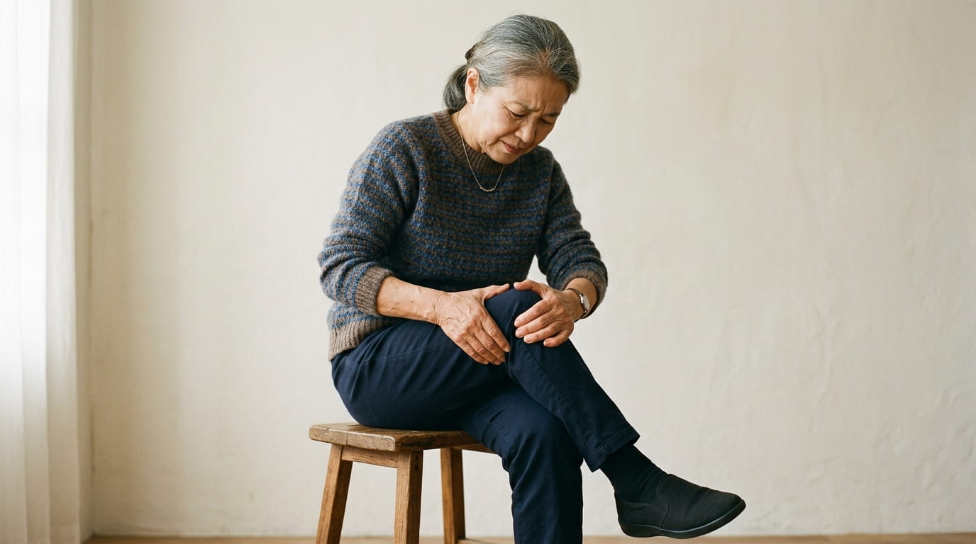 膝の痛みに手を当てて不安そうな表情を浮かべる60代の日本人女性