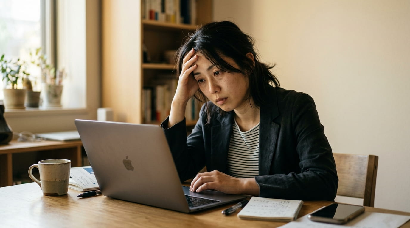 ノートパソコンを使いながら疲れた表情を浮かべている30代の日本人女性