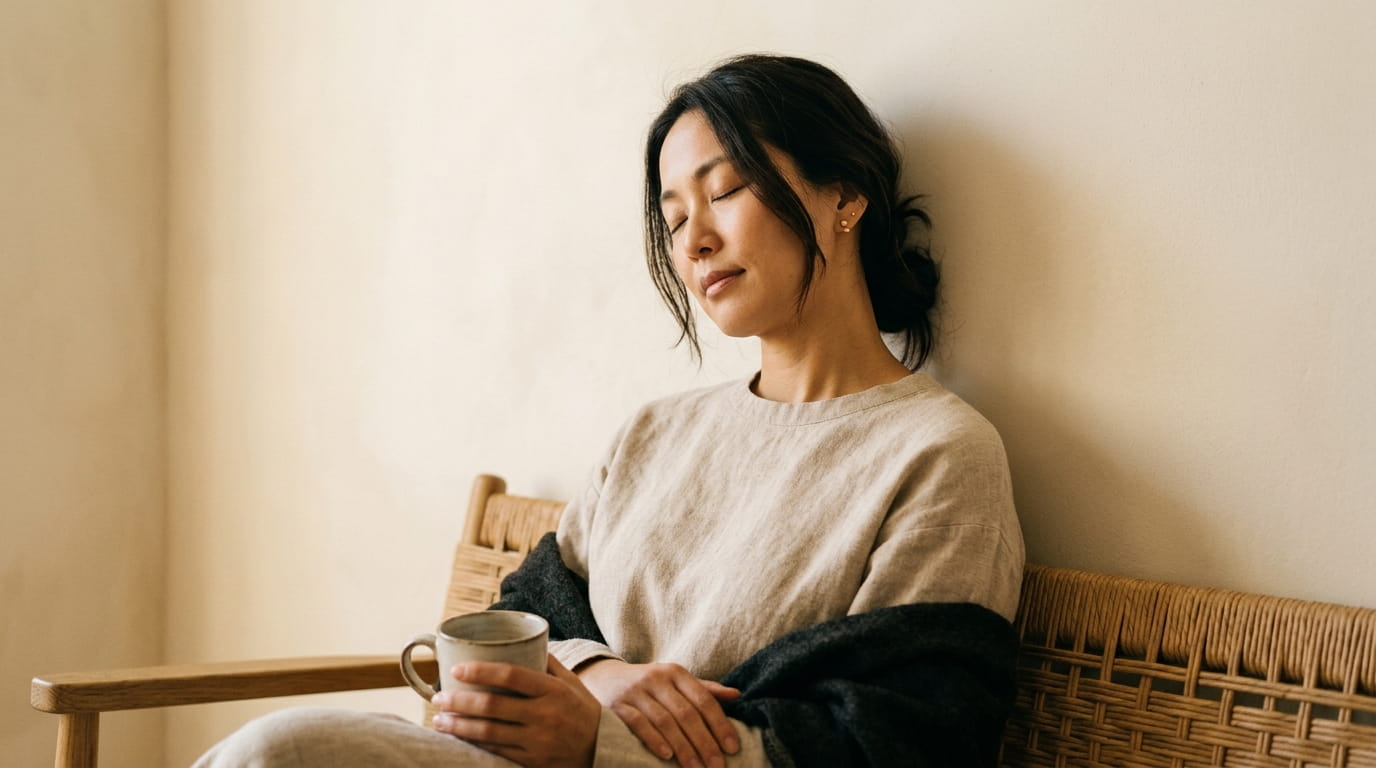 目を閉じて静かに休んでいる30代の日本人女性