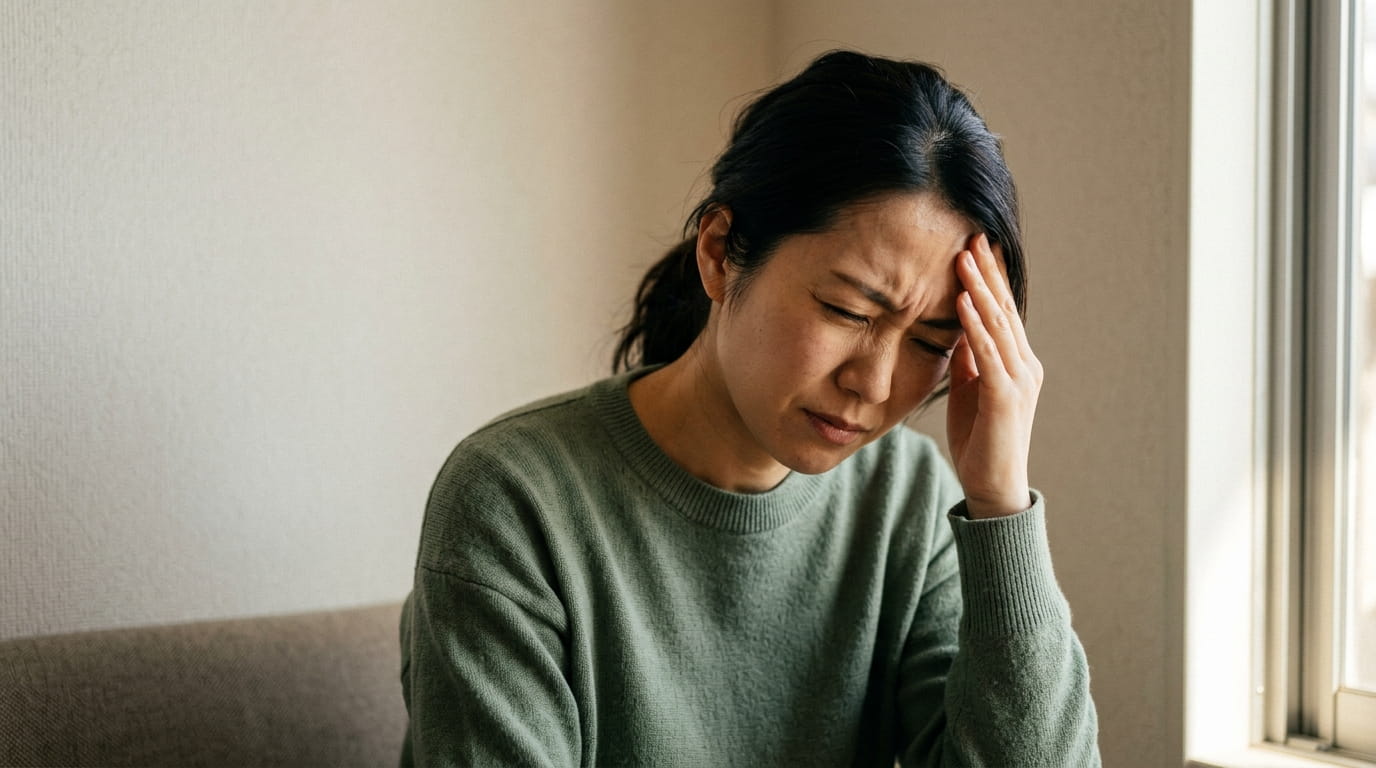 ズキズキする頭の痛みに顔をしかめる30代女性の様子