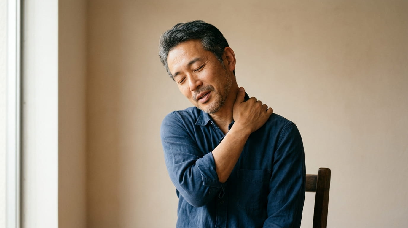 首のこわばりがやわらいでほっとした表情の40代男性