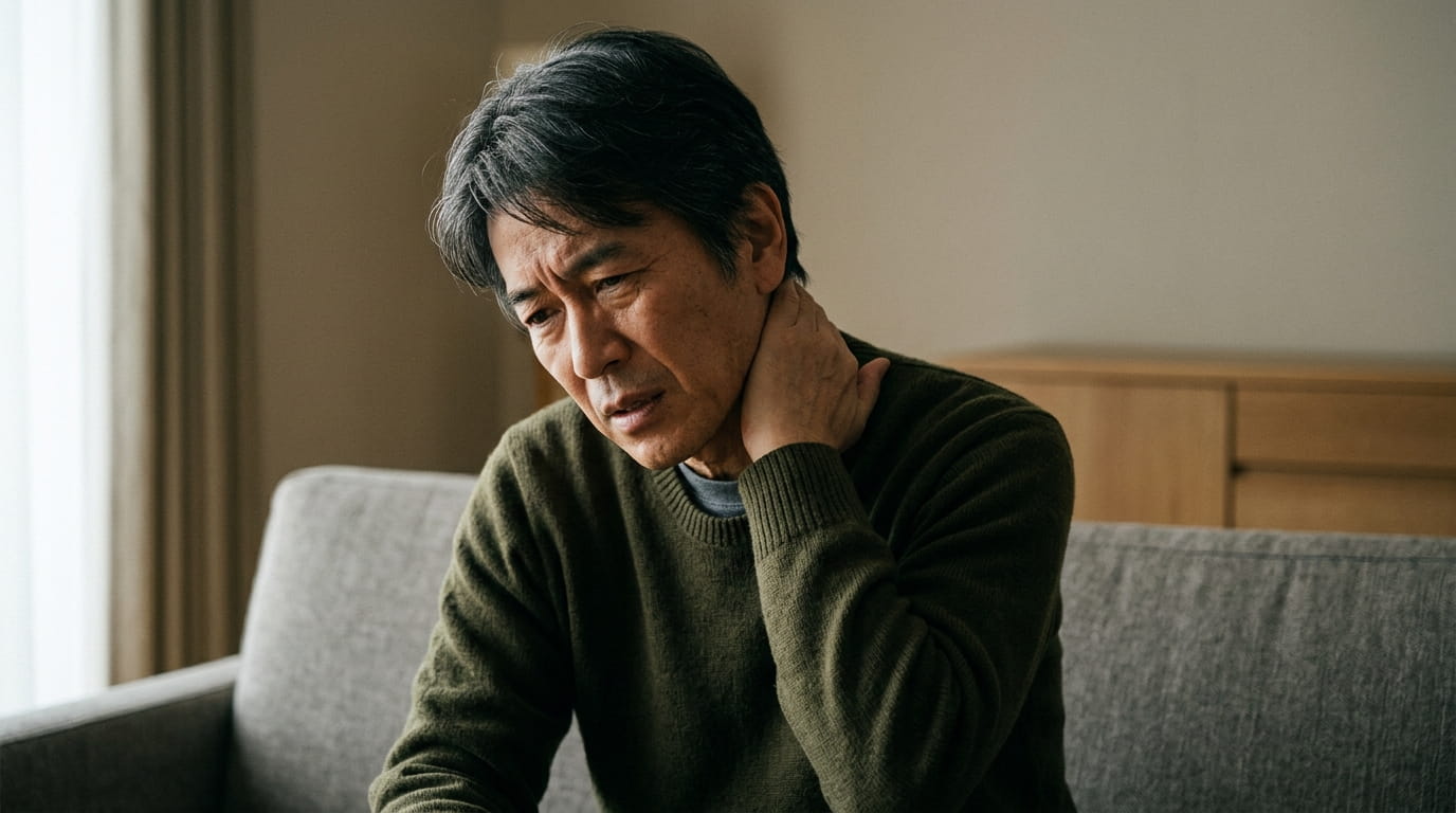 首の後ろに手を当てて痛みをこらえる50代の男性
