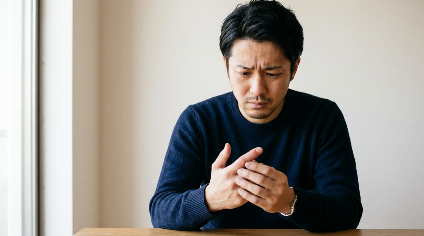 ぶつけた指をそっと押さえて心配そうにしている30代の男性