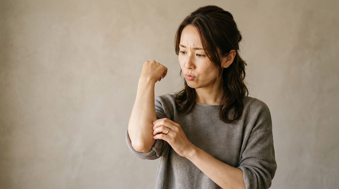 ひじの内側にそっと触れながら不思議そうな表情を浮かべる30代の日本人女性