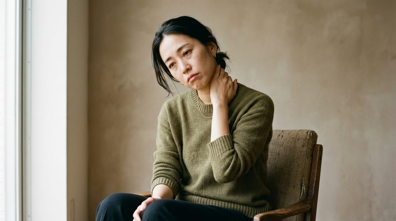 首のこわばりに手を当てて疲れた表情の30代女性