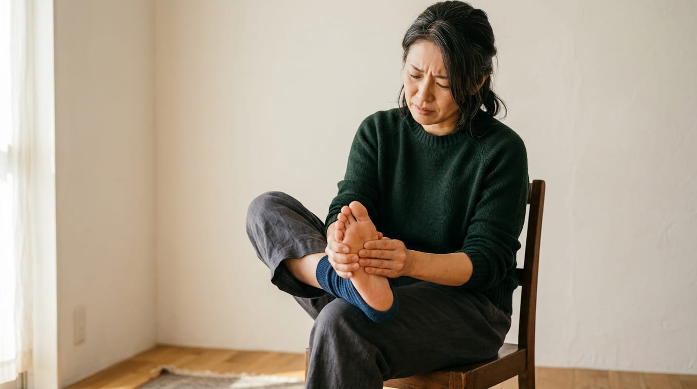 足の裏全体の痛みに顔をしかめ、足裏を手で押さえる40代の日本人女性
