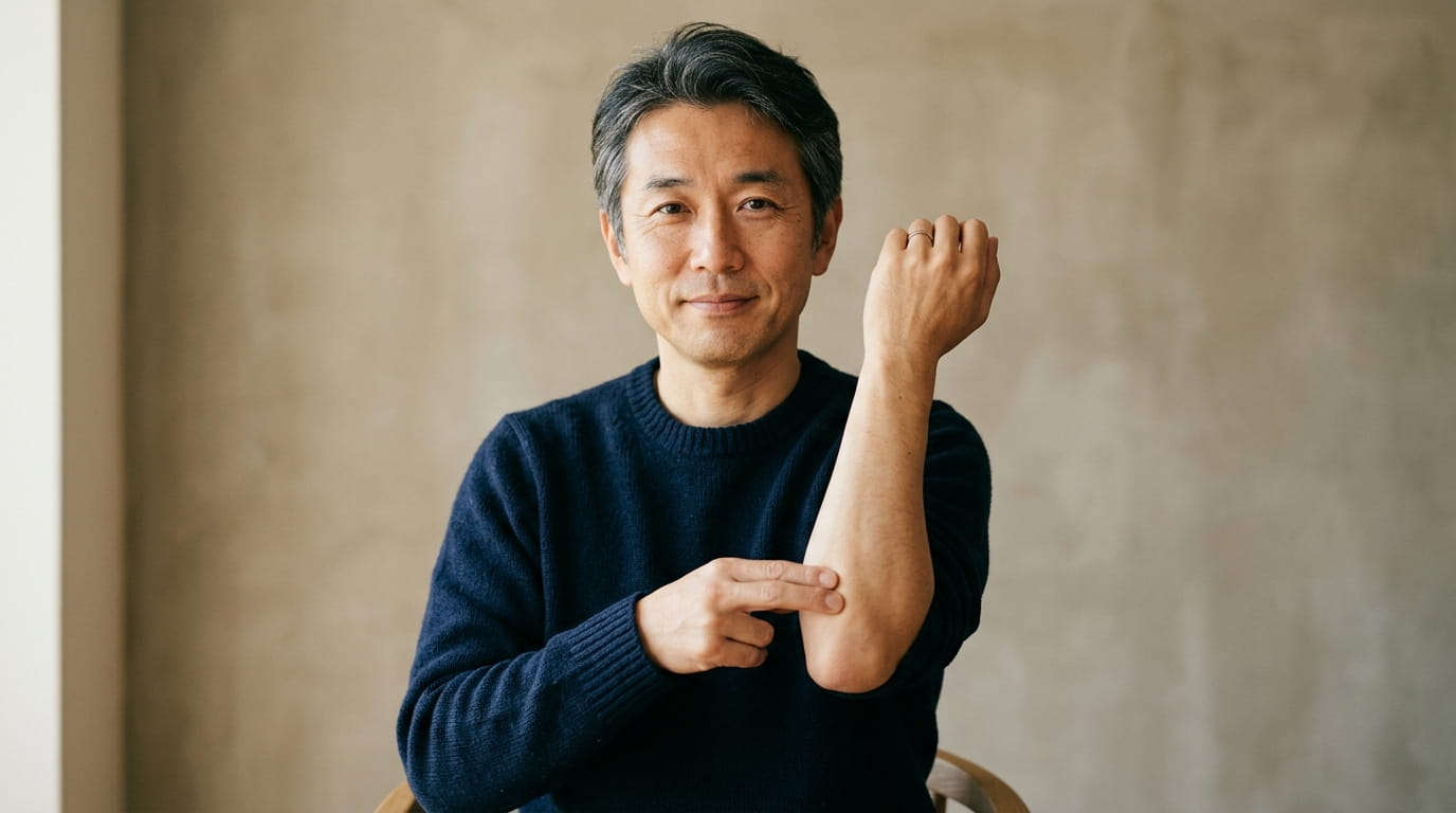 ひじの内側を指で軽く押さえて落ち着いた表情を見せる40代の日本人男性