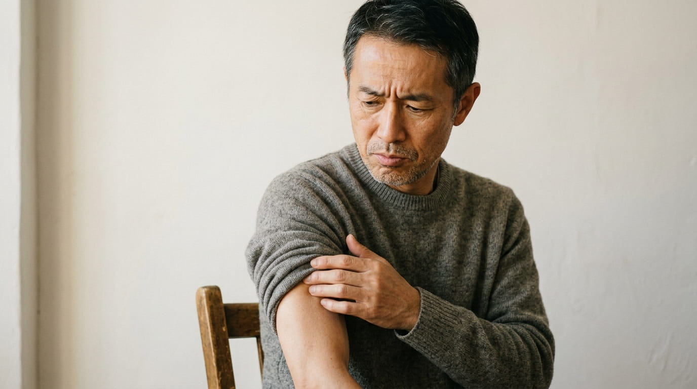 腕の違和感が気になり、不安そうな表情で二の腕に手を当てる50代の男性