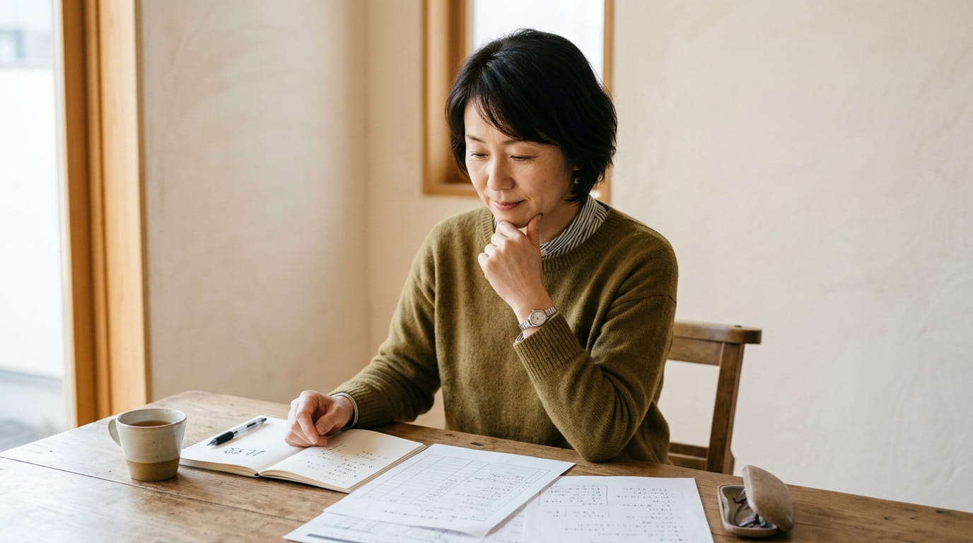 何を選ぶか落ち着いて考えている40代女性