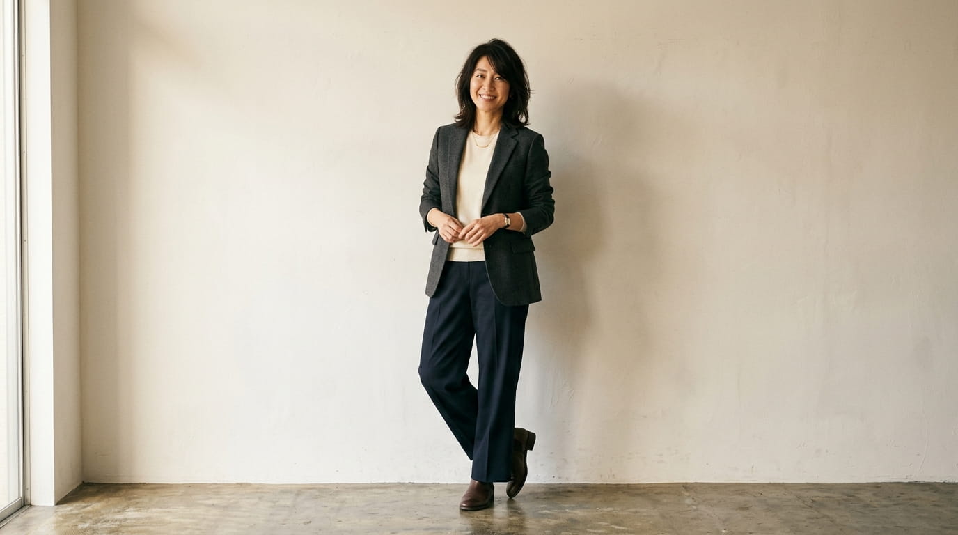 片足に体重をかけて立っている40代の日本人女性の様子