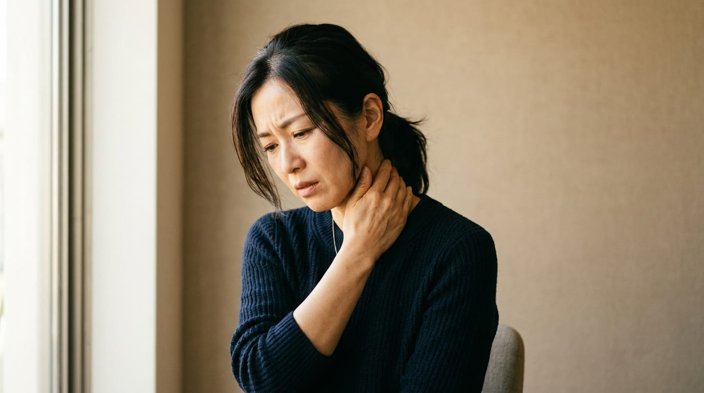 覚えのない痛みを感じて首すじに手を当てる40代女性