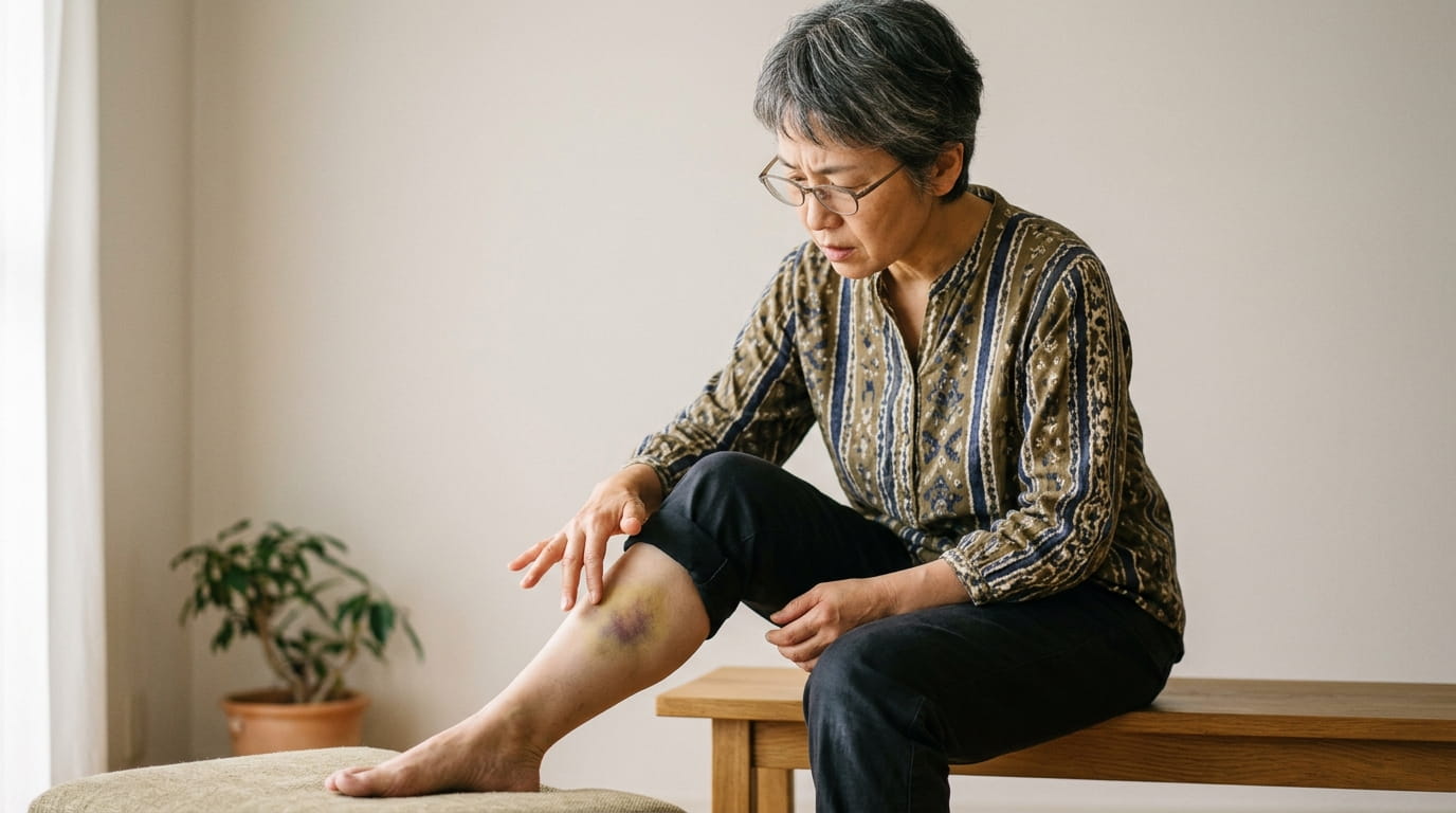 覚えのない脚のあざを見て首をかしげる50代の女性