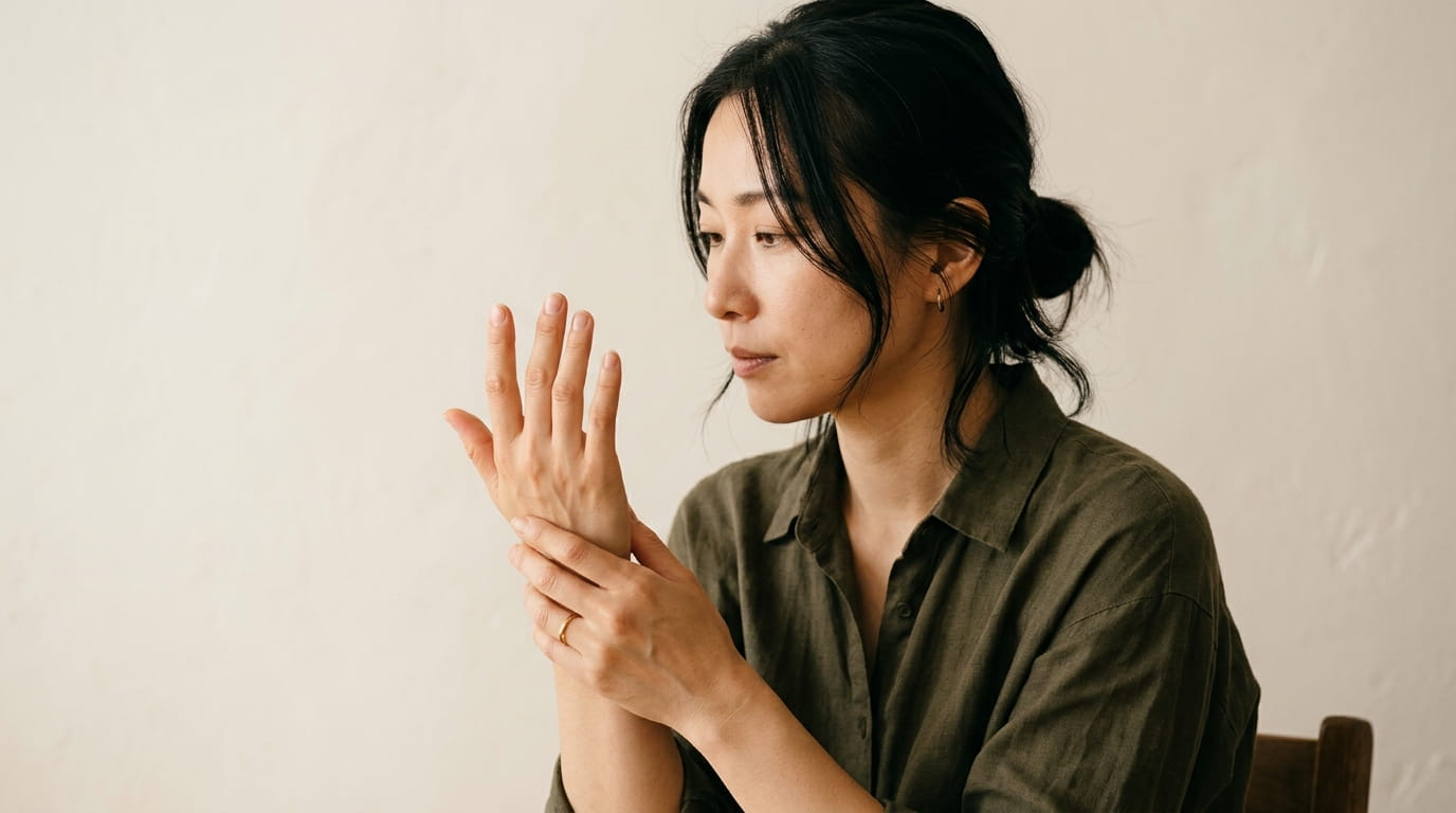 自分の指の色をじっくり確かめている30代の女性