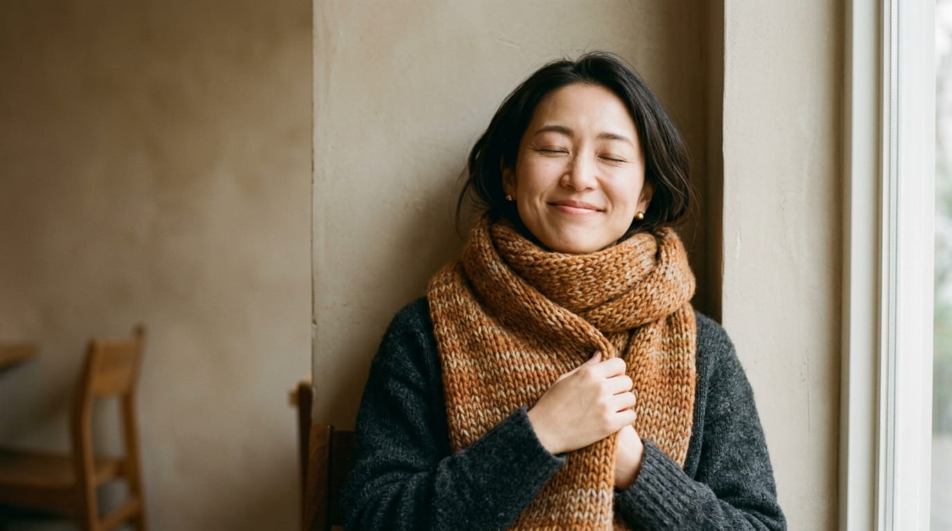 マフラーで首元を温めてほっとした表情の30代女性