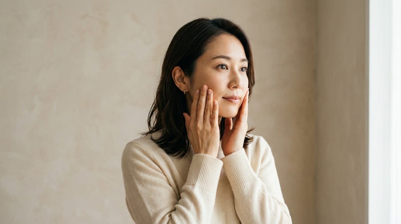 両手を頬に当てて顔の左右のバランスを確かめている日本人女性