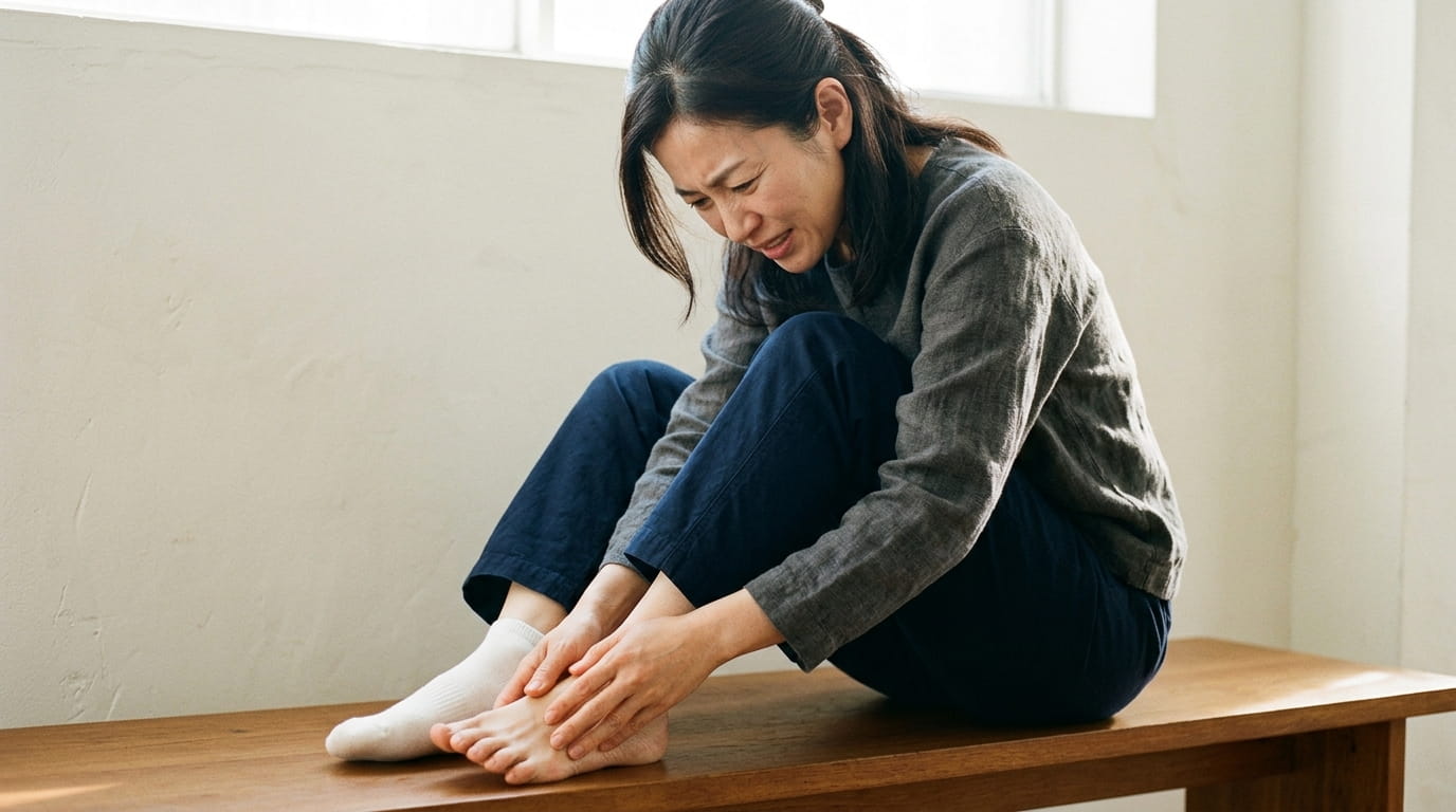 足の裏の熱さが気になり自分の足に触れている40代女性