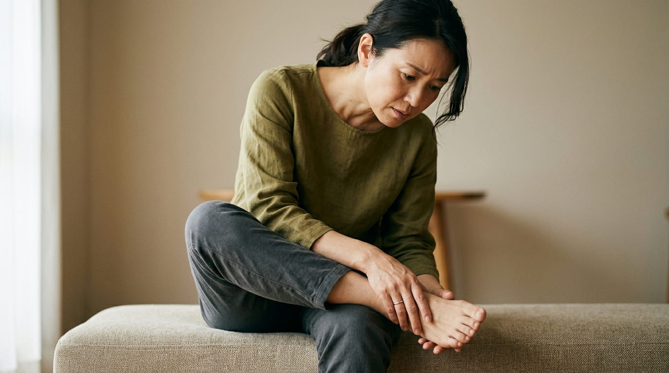 座って足の裏にそっと触れ、不安そうな表情を浮かべる40代の日本人女性