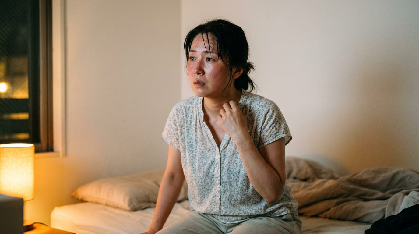 夜に体のほてりを感じて落ち着かない様子の40代女性
