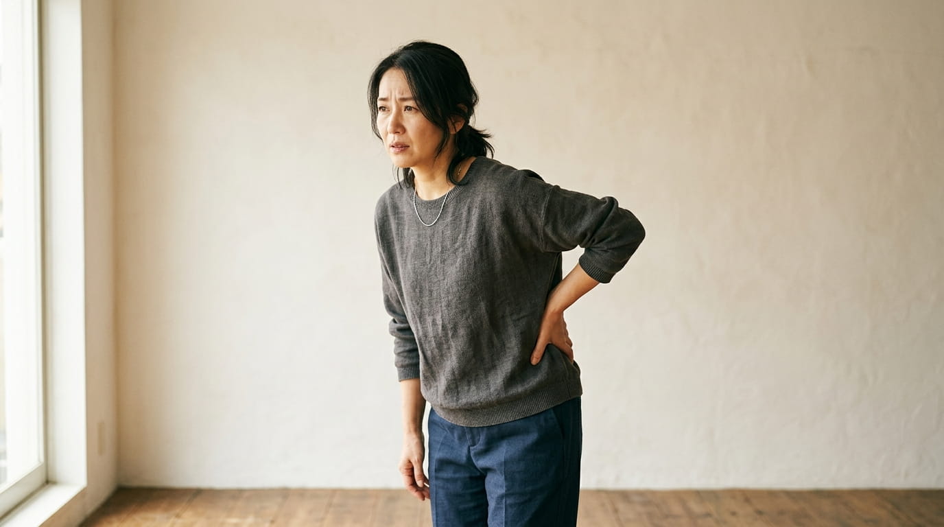 腰に手を添えて慎重な表情で立ち止まる40代の日本人女性