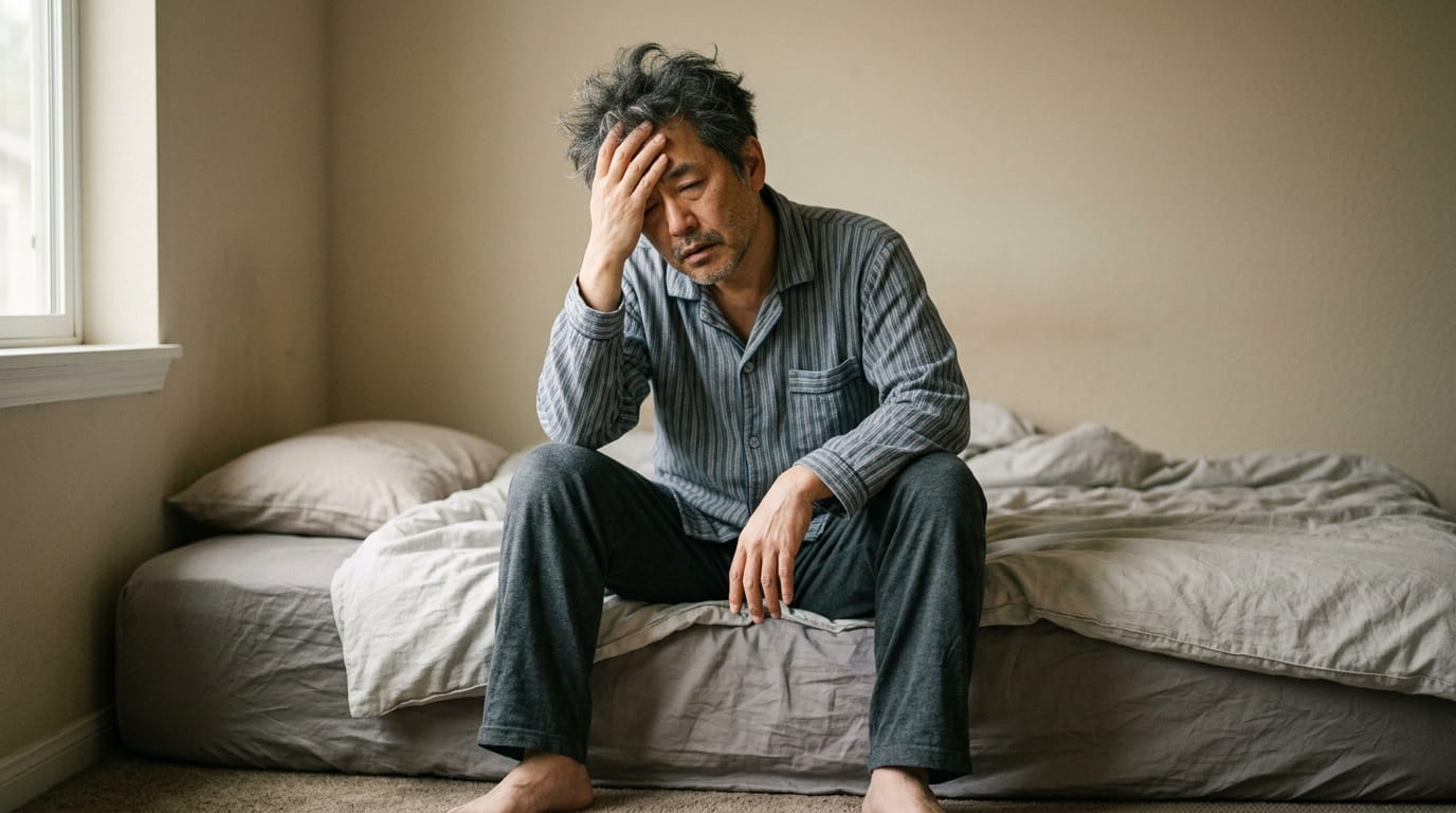夜中に足のつりで目が覚めてつらそうな50代男性