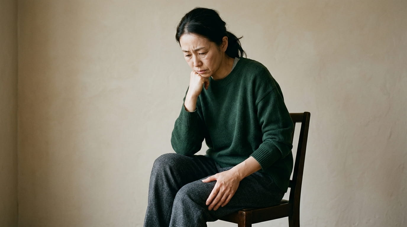 座ったまま太ももをさすり、脚のだるさを感じている40代の日本人女性