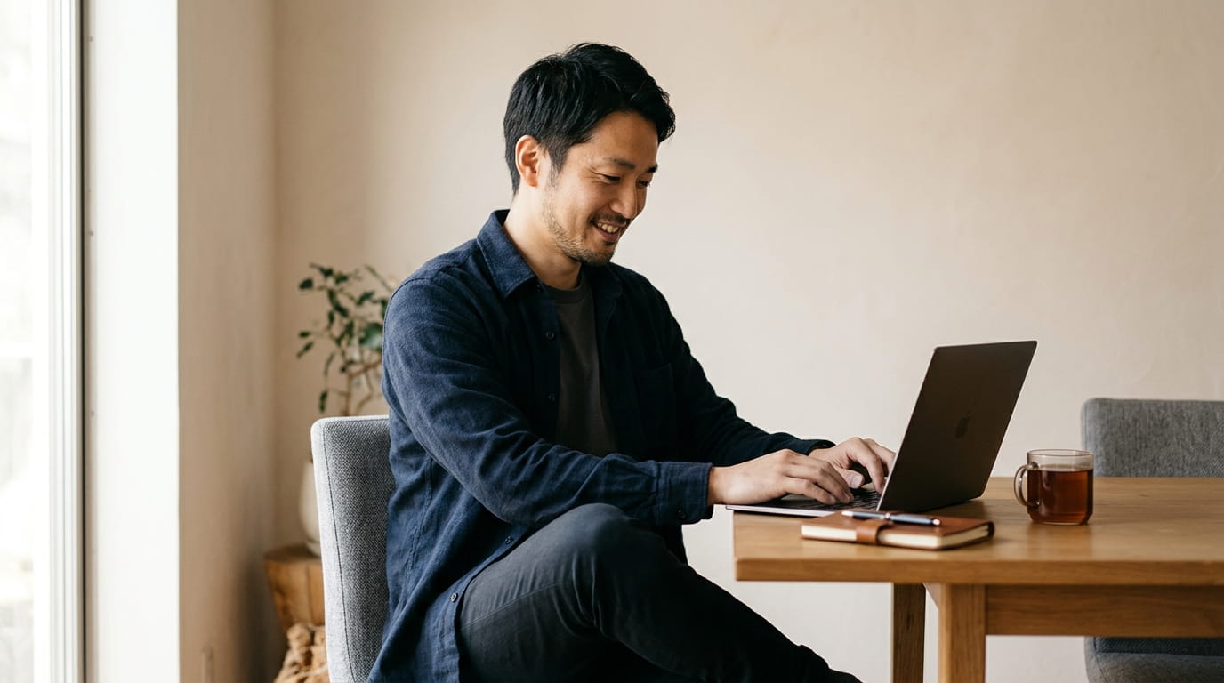 ノートパソコンを使いながら背筋を伸ばして楽な姿勢で座る30代の日本人男性