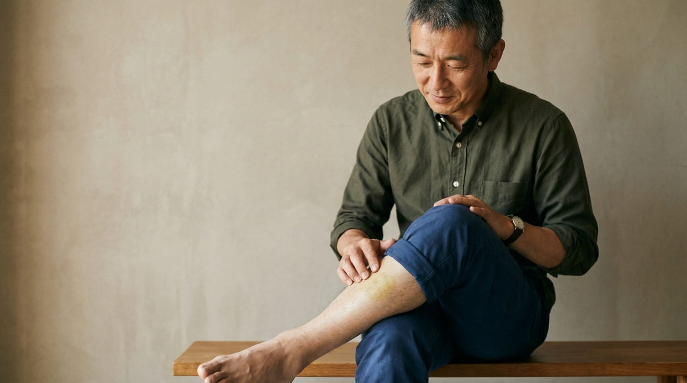 すねに残る黄色っぽく薄れてきたあざを確かめる40代の男性