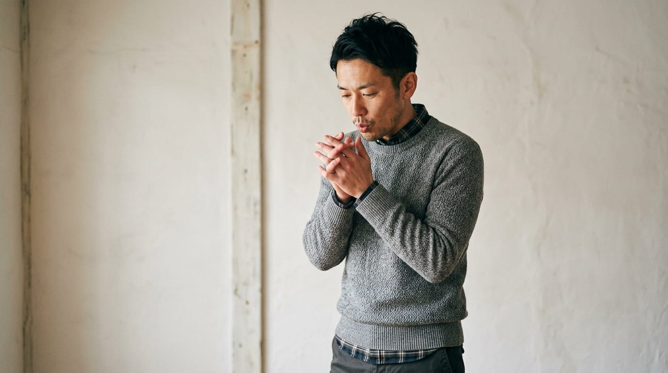 がっしりした体格の40代男性が冷えた指先を気にしている様子