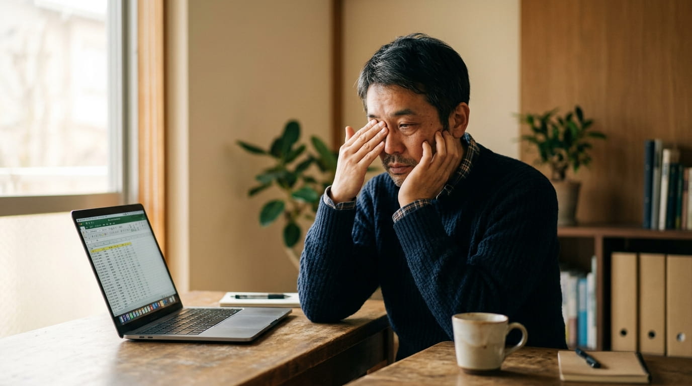 ノートパソコン作業で疲れた表情を見せる40代男性