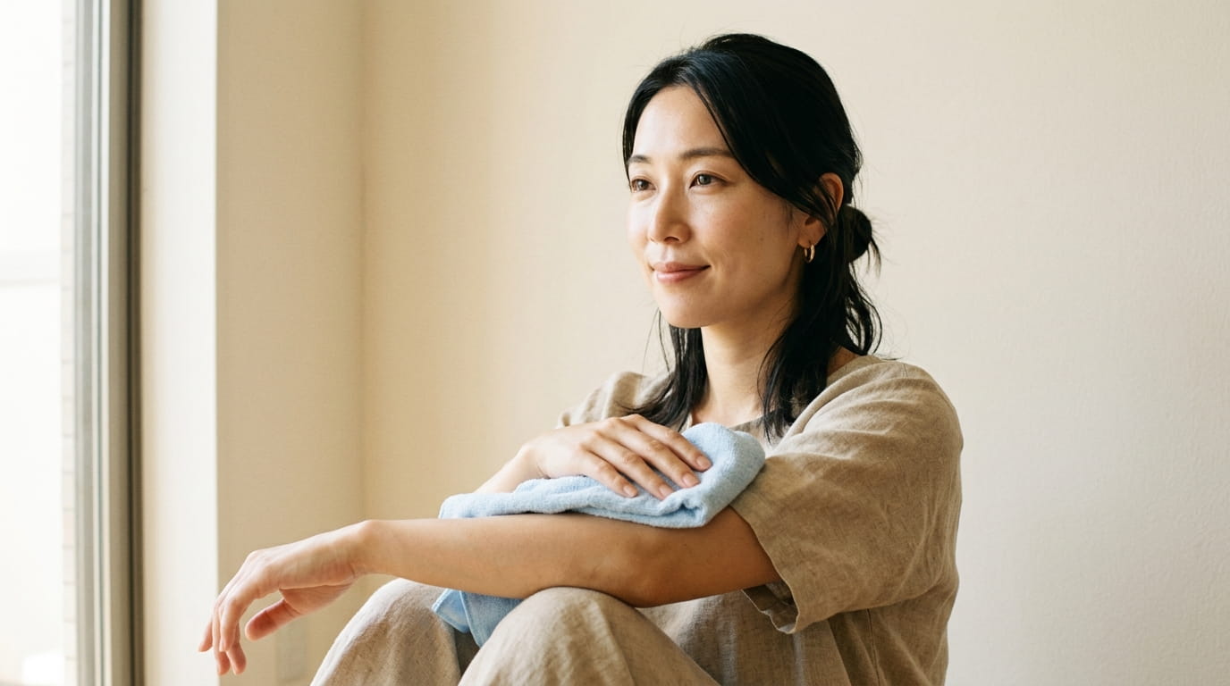 腕の内側に冷たいタオルを当ててリラックスした表情の30代の日本人女性