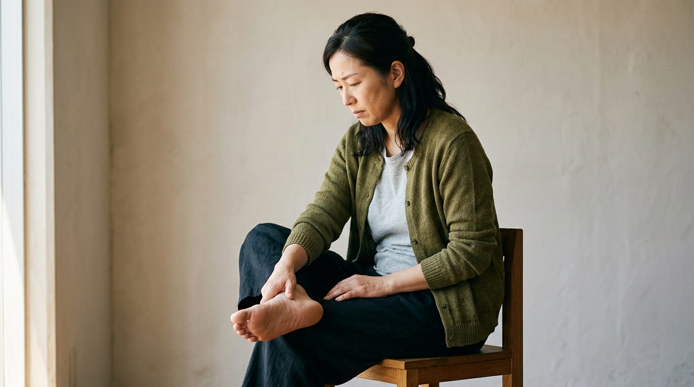 足を手で触れて気になる様子を見せる40代女性