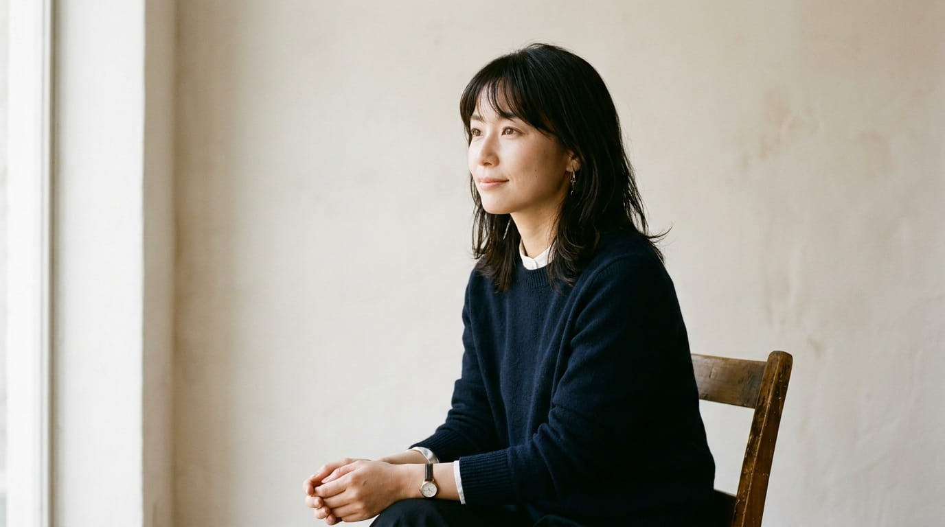 落ち着いた表情で静かに考えごとをしている30代の日本人女性