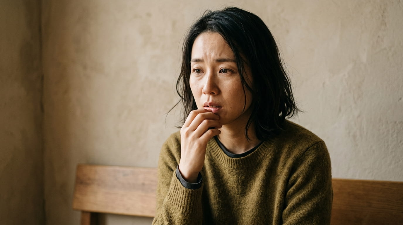思い悩んだ表情で考え込んでいる30代女性の様子
