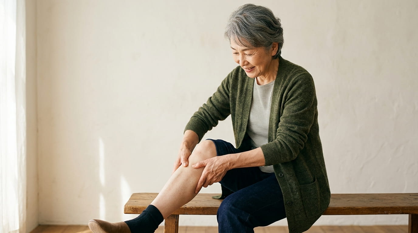 膝のお皿の下あたりを両手の親指でやさしく押している60代の日本人女性