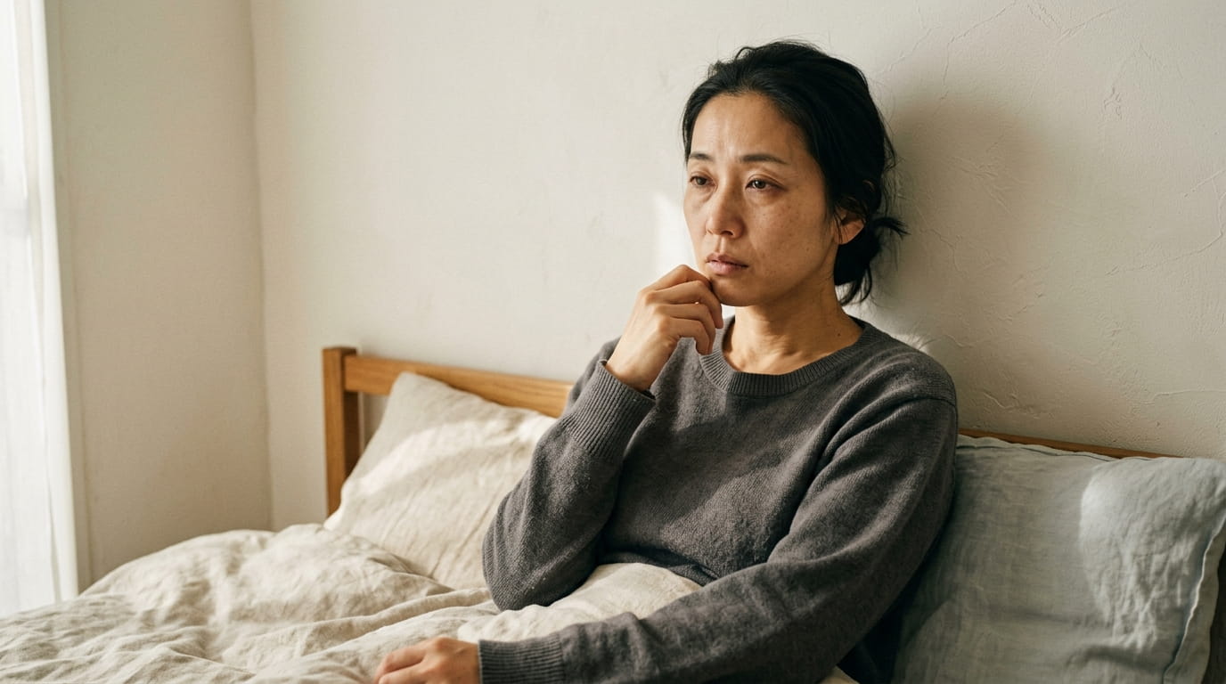 足の裏が暑くて寝つけず疲れた表情を見せる40代女性