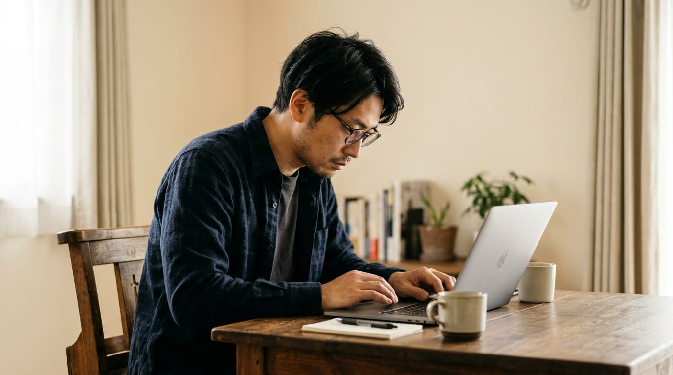 前かがみの姿勢でノートパソコンを使い、背中を丸めている30代の日本人男性