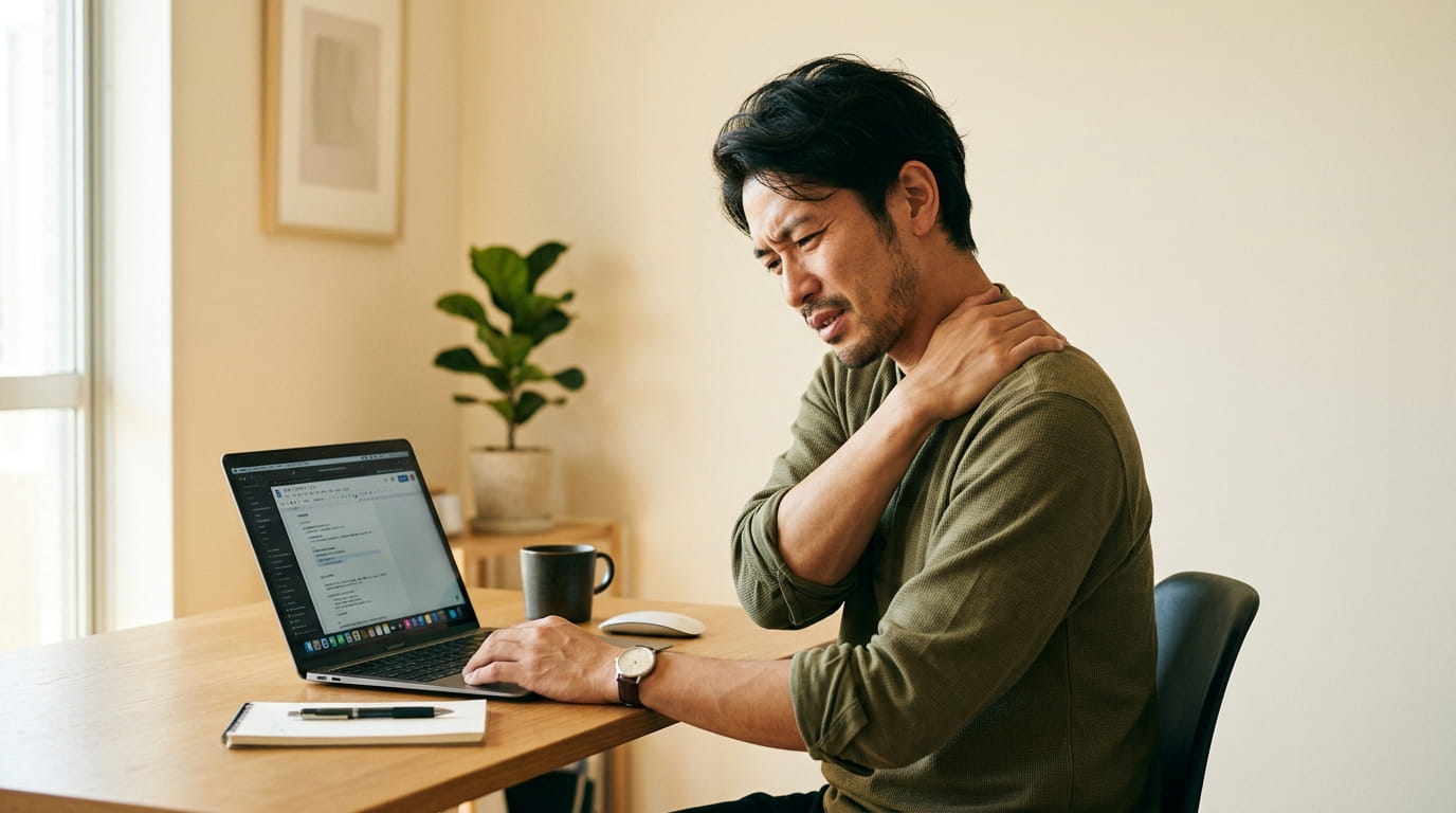 ノートパソコンを使いながら右肩のこりをさする30代の日本人男性