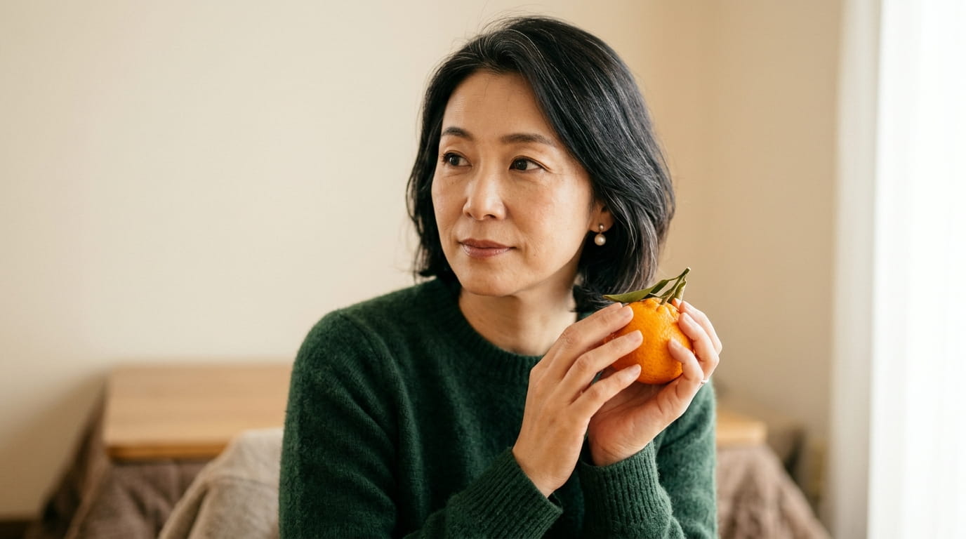 みかんを手に持ち、考えごとをしている40代の女性