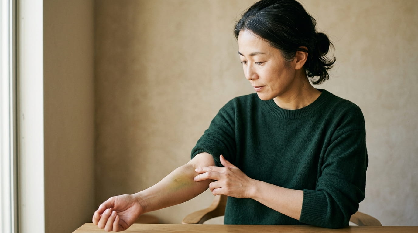 腕に残る薄くなりかけたあざを落ち着いた様子で確かめる40代の日本人女性