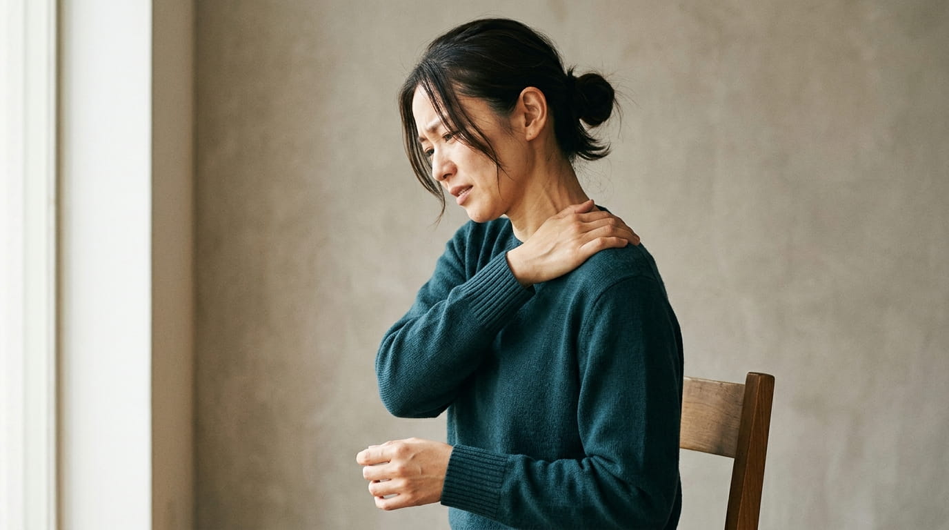 肩甲骨の内側に手を当てて、こりや重さを気にしている30代の日本人女性